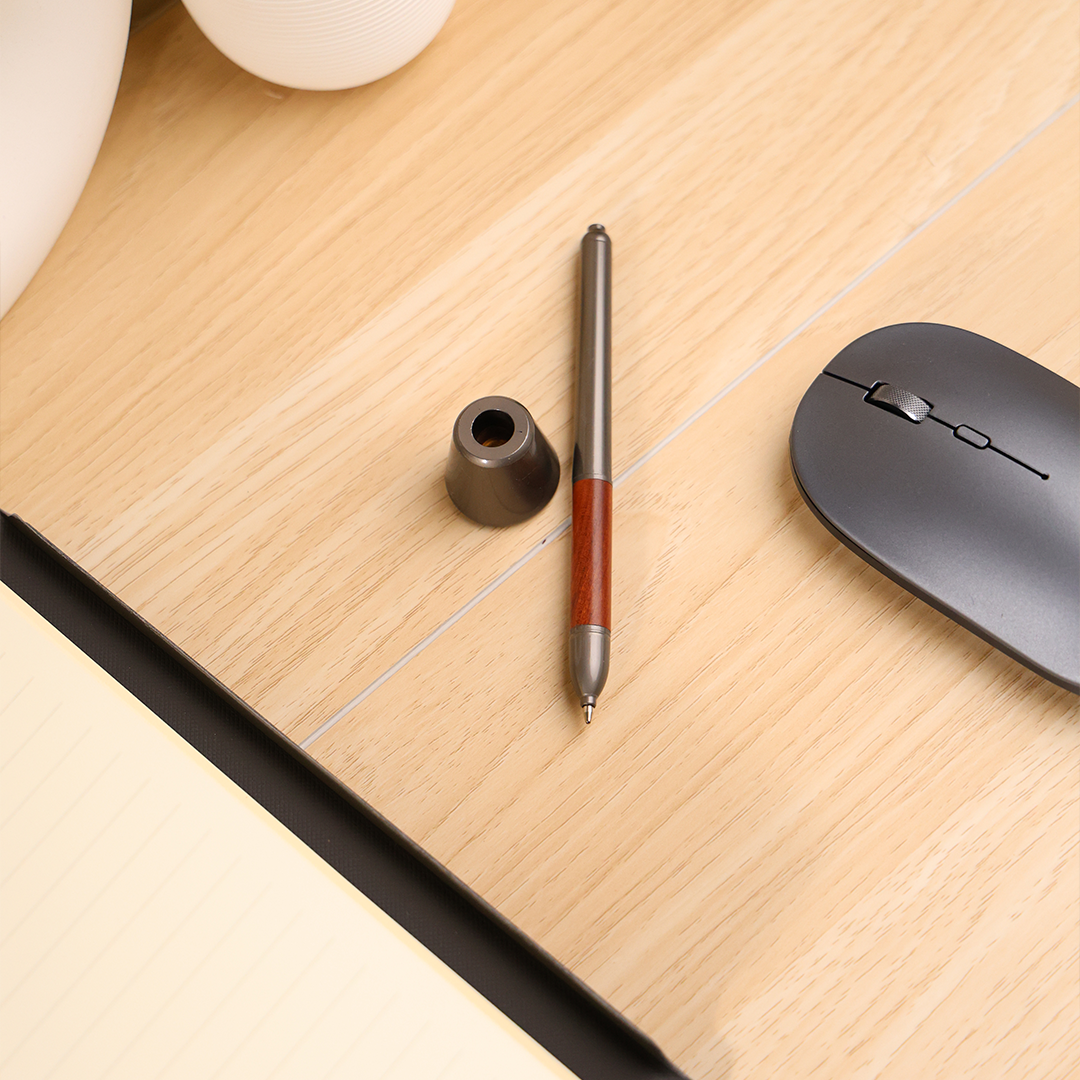 DESK PEN – Luxurious Red Wood & Gun Black Brass Ballpoint Pen with Solid Brass Holder for Elegant Writing