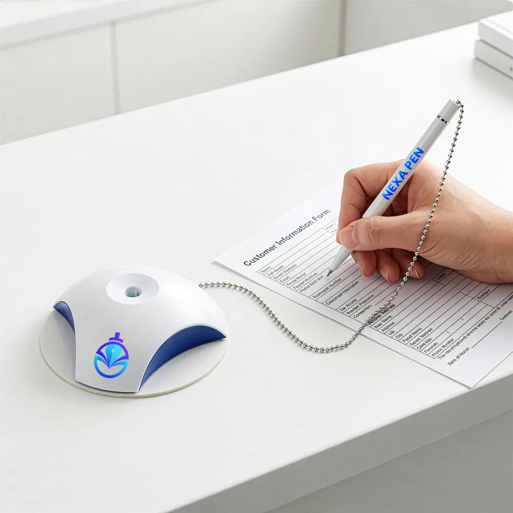 Counter Pen with Base Holder and Secured Chain – Blue Ink