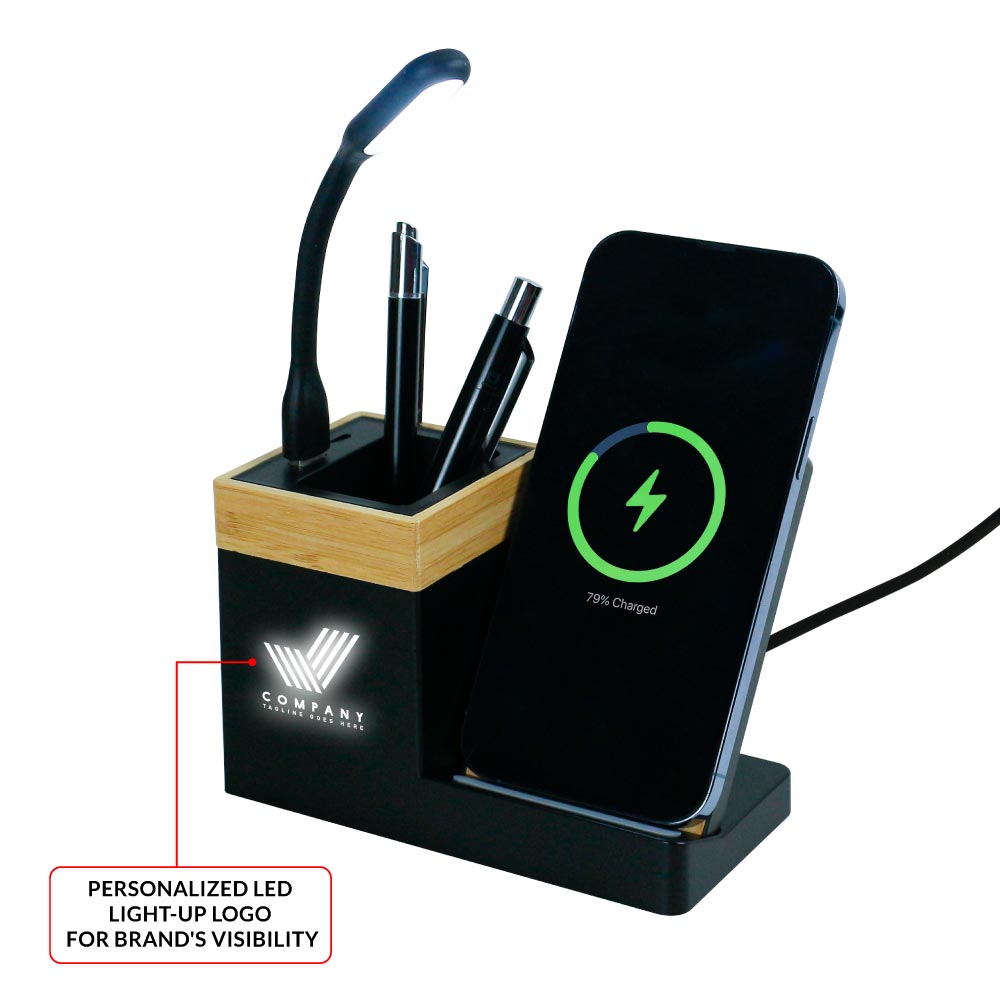 Bamboo Pen Holder with 15W Wireless Charger & LED Logo