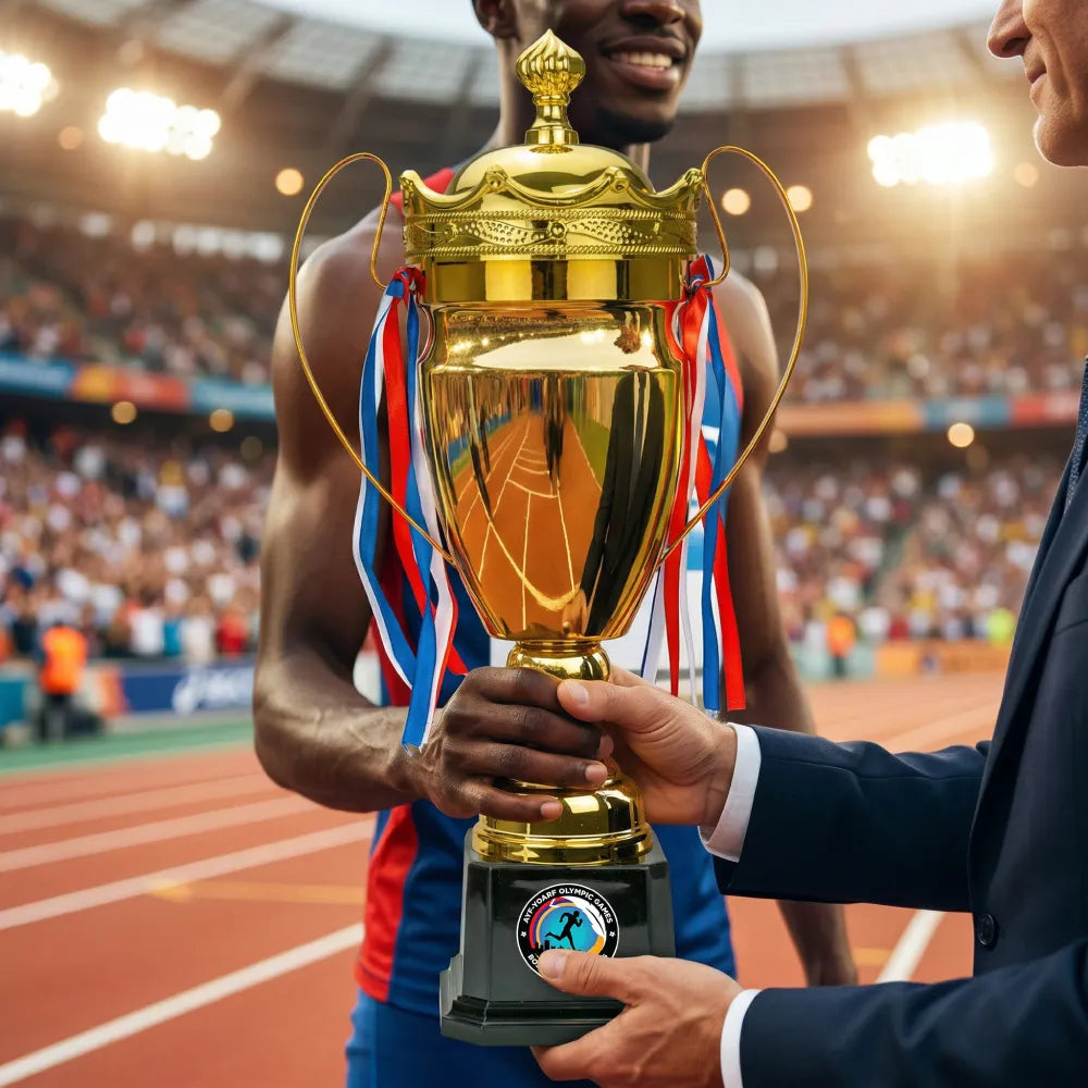 Metal Close Cup Trophies with Two-Sided Handle & Attached Ribbons