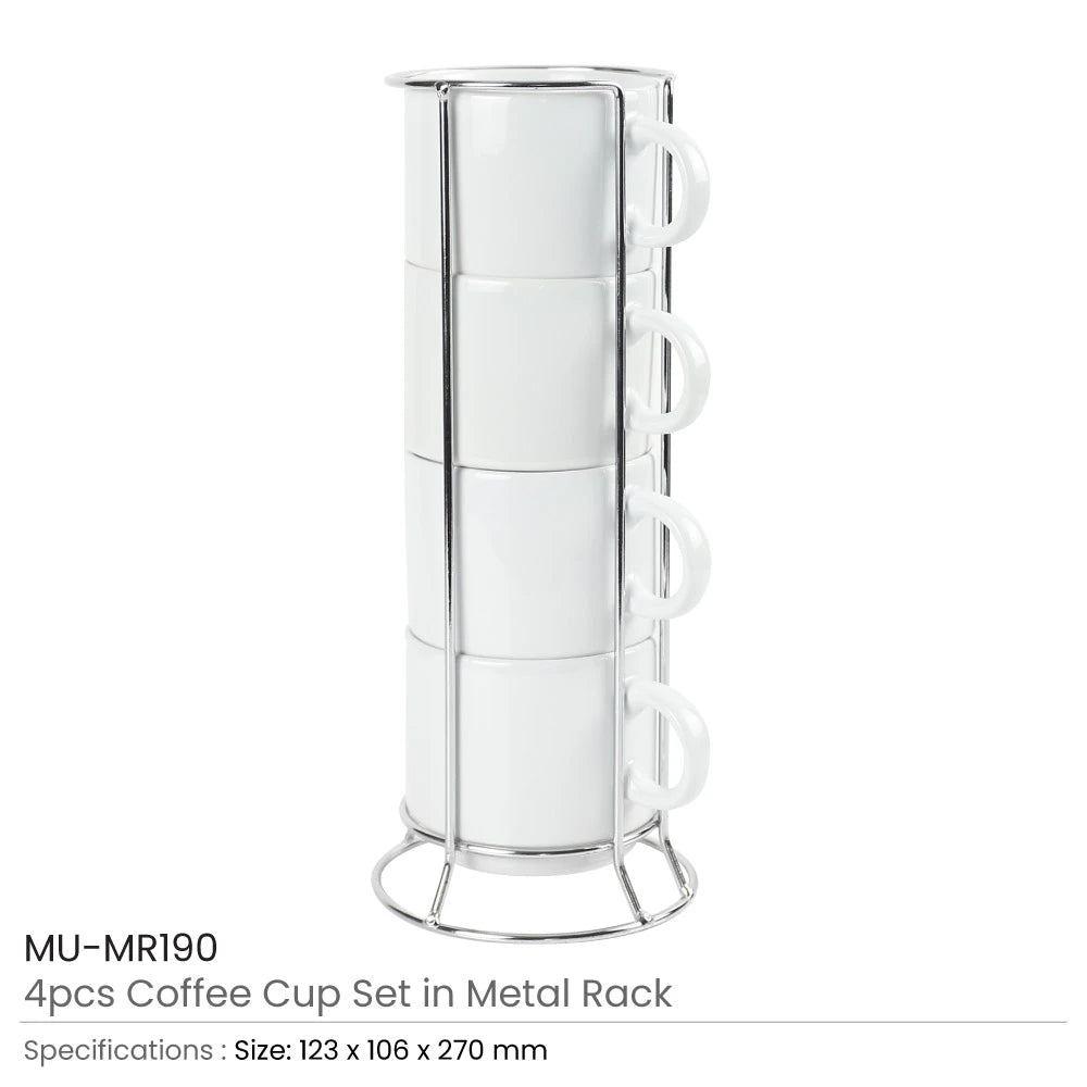 Ceramic Coffee Cups Set 4Pcs in Silver Metal Rack