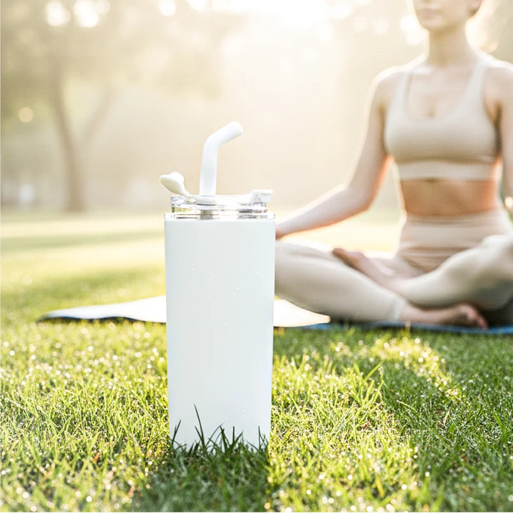 Double Wall SS Tumblers with Transparent Lid and Metal Straw - 500ml