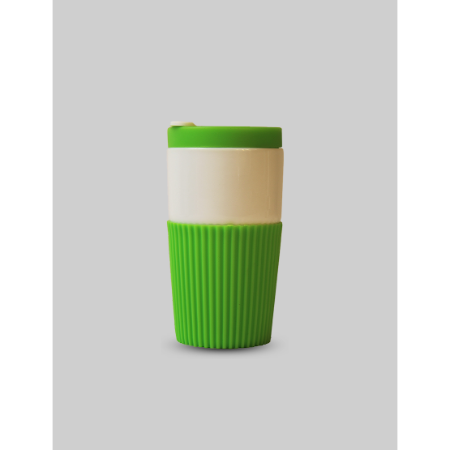DOUBLE WALL MUG - 250ml Ceramic Travel Cup with Silicone Lid and Grip