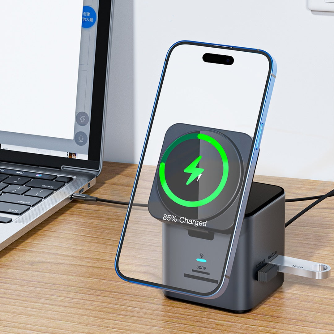 8n1 HUB – Gunmetal Multi-Port Charging Hub with Integrated MagSafe Wireless Charging & 100W Type-C Power