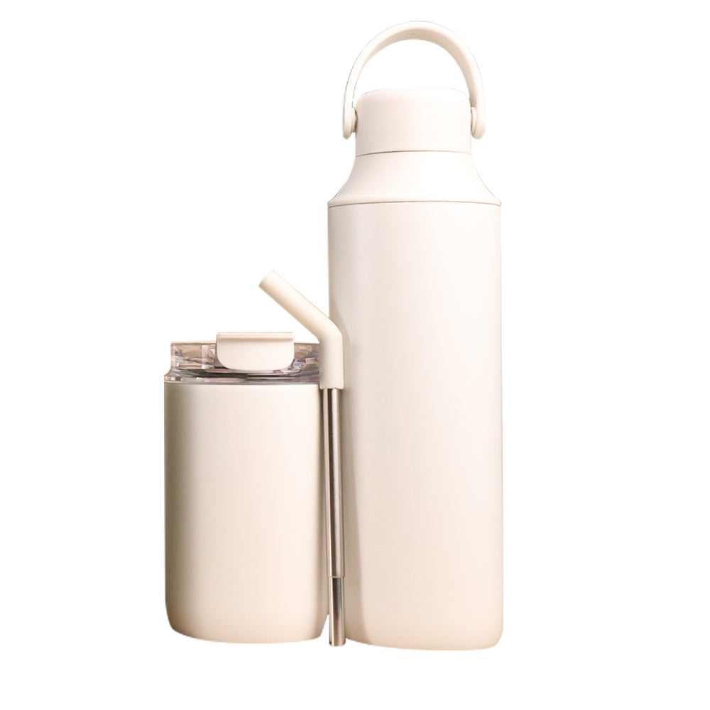 FLASKEE SET – Premium Powder-Coated Double-Wall Stainless Steel Cups (600ml & 300ml) with Interchangeable Lids & Adjustable Straw