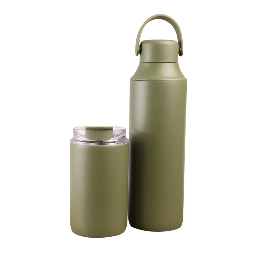 FLASKEE SET – Premium Powder-Coated Double-Wall Stainless Steel Cups (600ml & 300ml) with Interchangeable Lids & Adjustable Straw