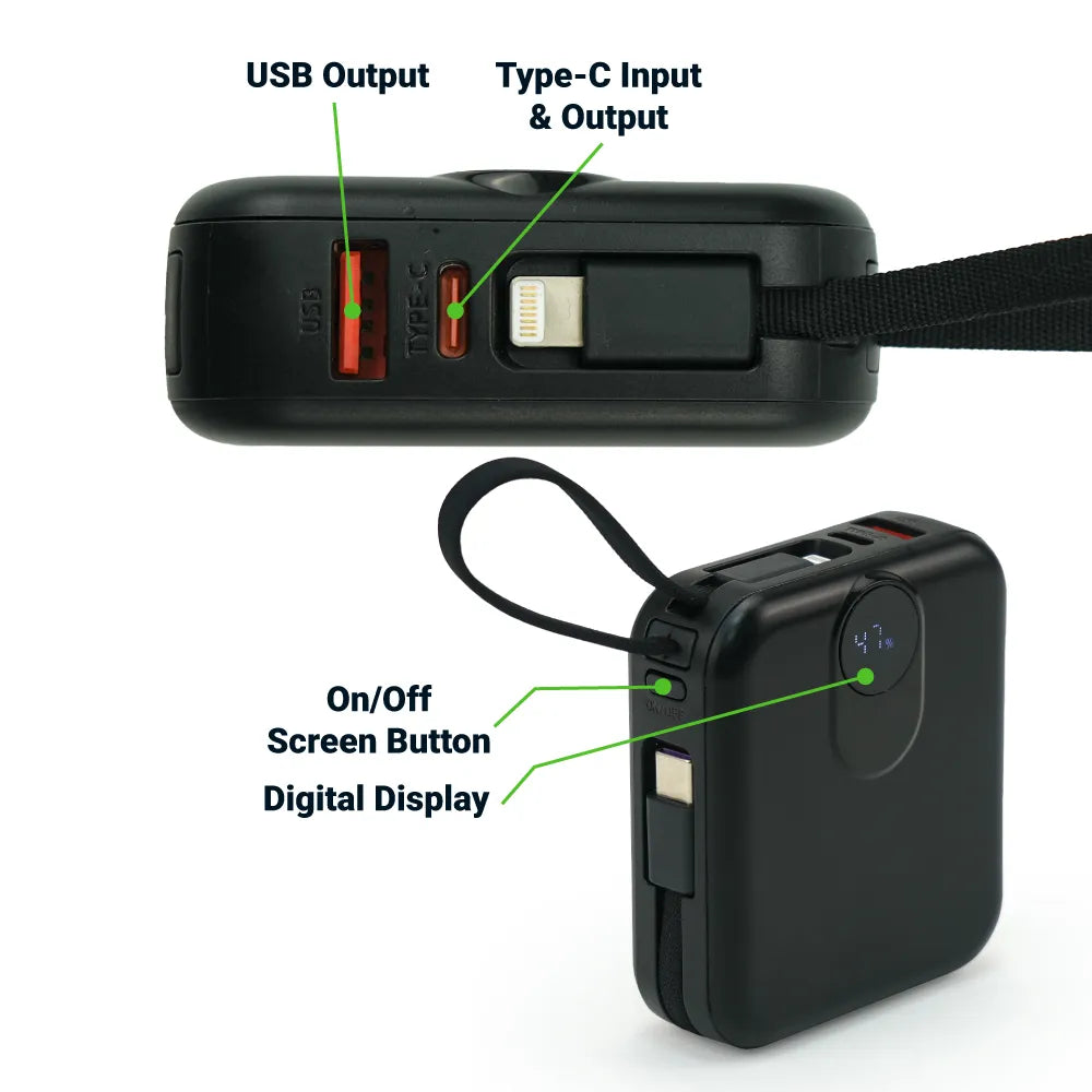 Fast Charging Digital Powerbank 38.5Wh with Built-in Type-C and Lightning Cable, 10000 mAh