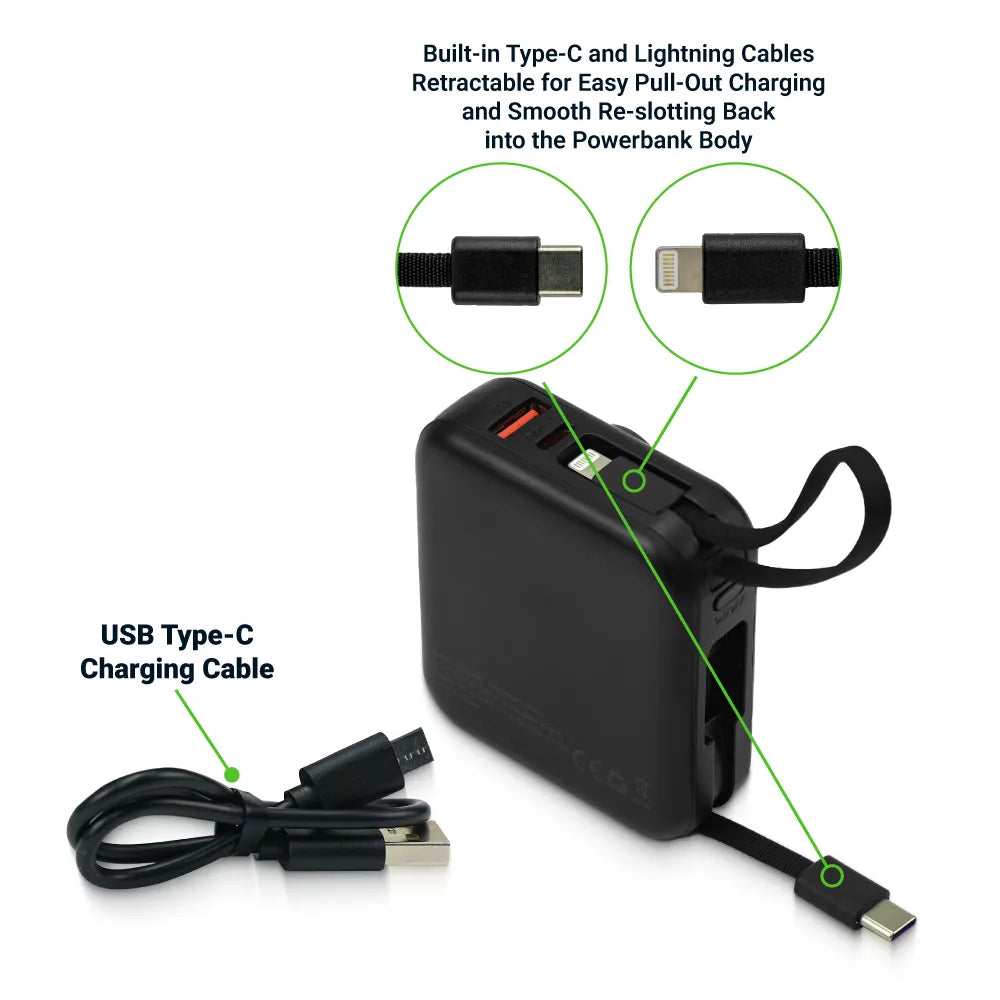 Fast Charging Digital Powerbank 38.5Wh with Built-in Type-C and Lightning Cable, 10000 mAh