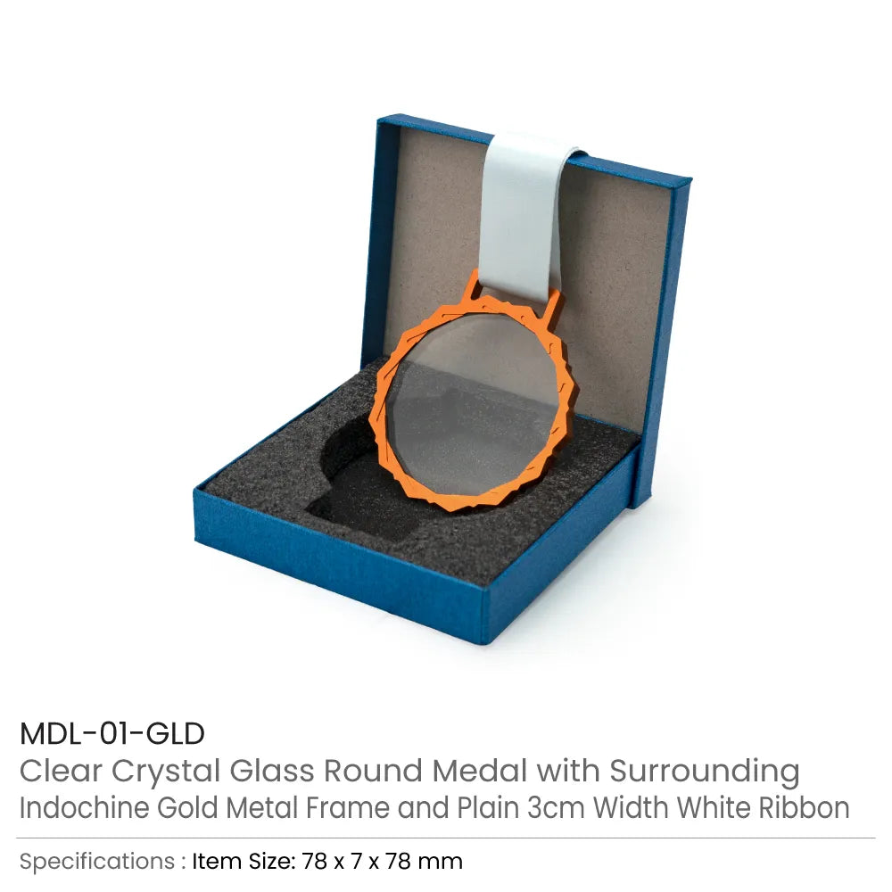 Glass Medals with Metal Frame and 3cm White Ribbon