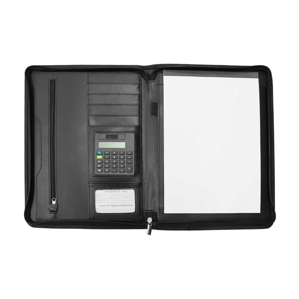 Leather Portfolio with Zipper and Calculator
