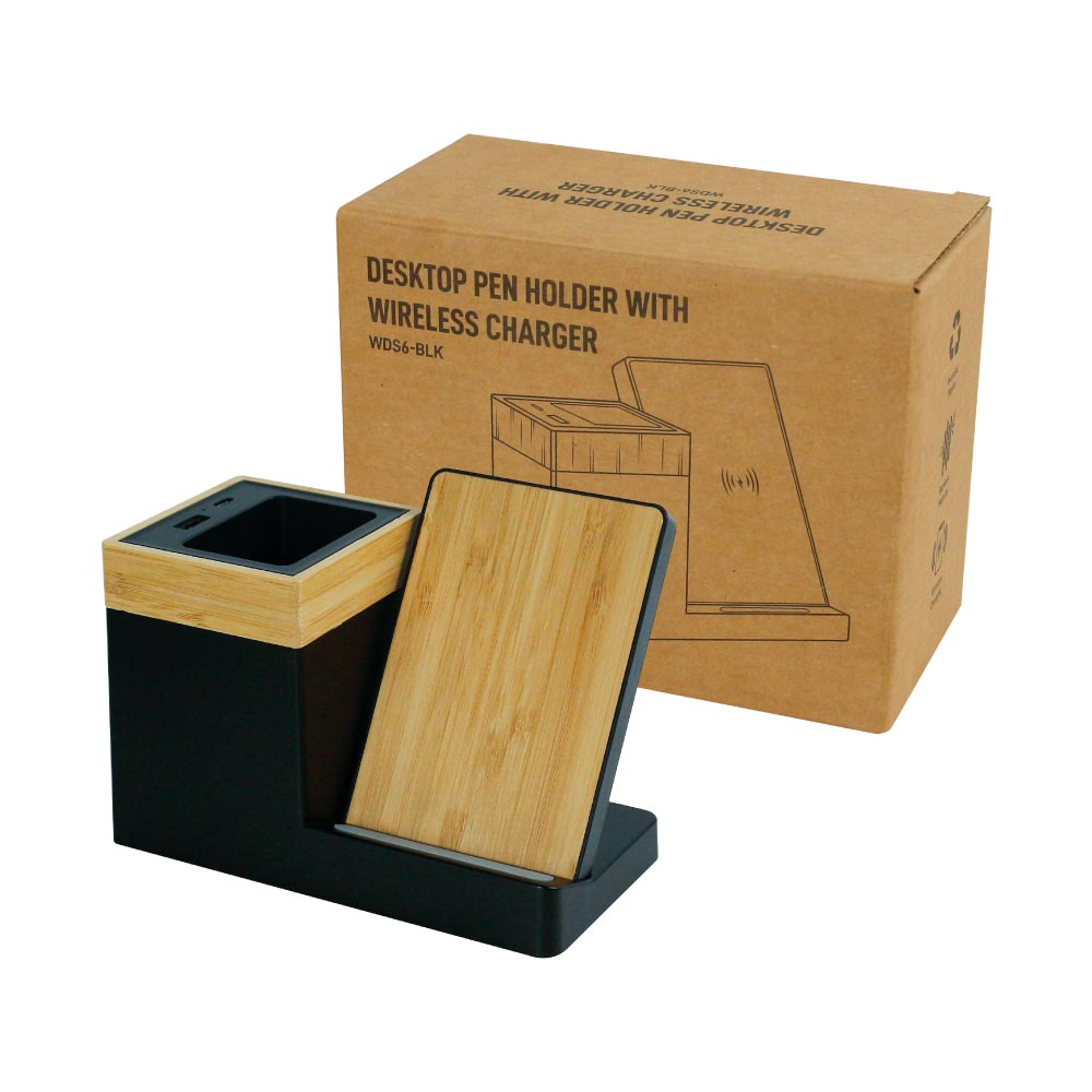 Bamboo Pen Holder with 15W Wireless Charger & LED Logo