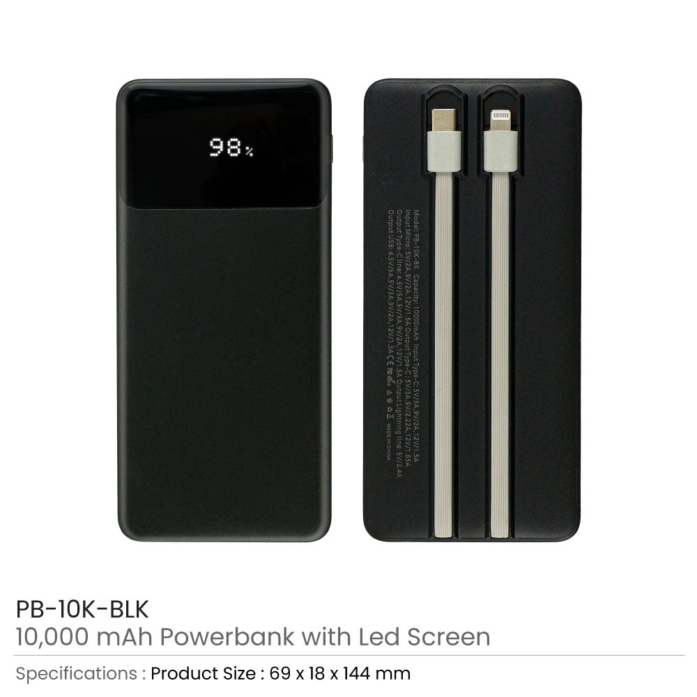 Powerbank with LED Screen 10,000 mAh & Built-in Cables