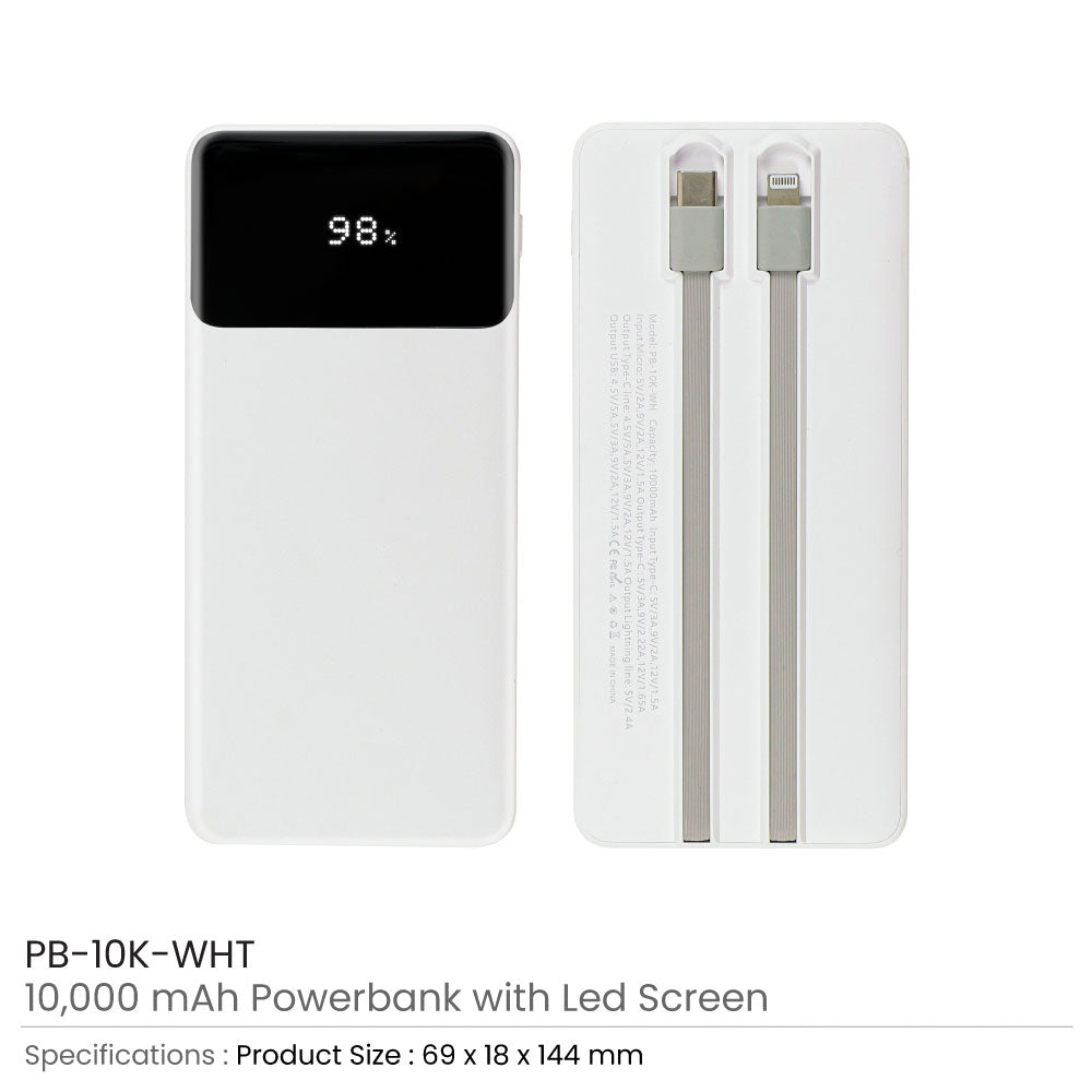 Powerbank with LED Screen 10,000 mAh & Built-in Cables