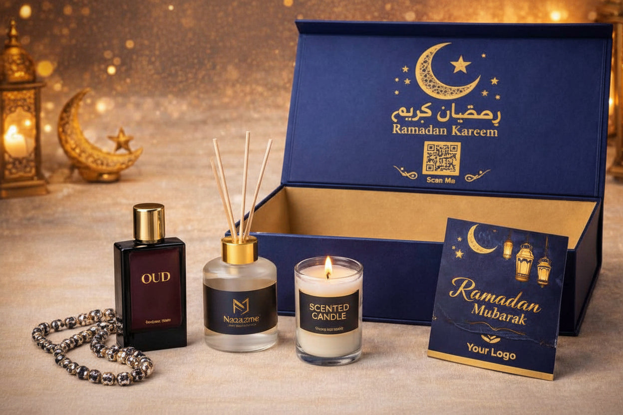 Premium Ramadan gift set with scented candle, diffuser, and card on a wooden surface.