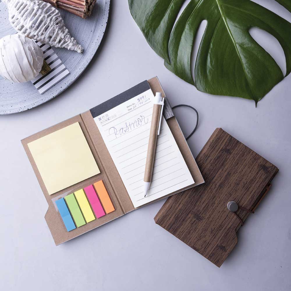 Wood Design Notebook with Sticky Note and Pen