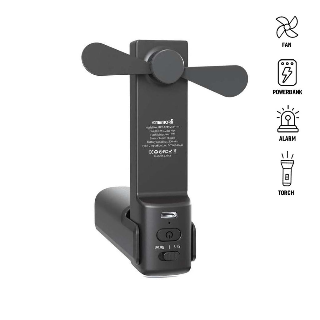 Memorii 4-in-1 Fan Powerbank, Safety Alarm & Torch - Black