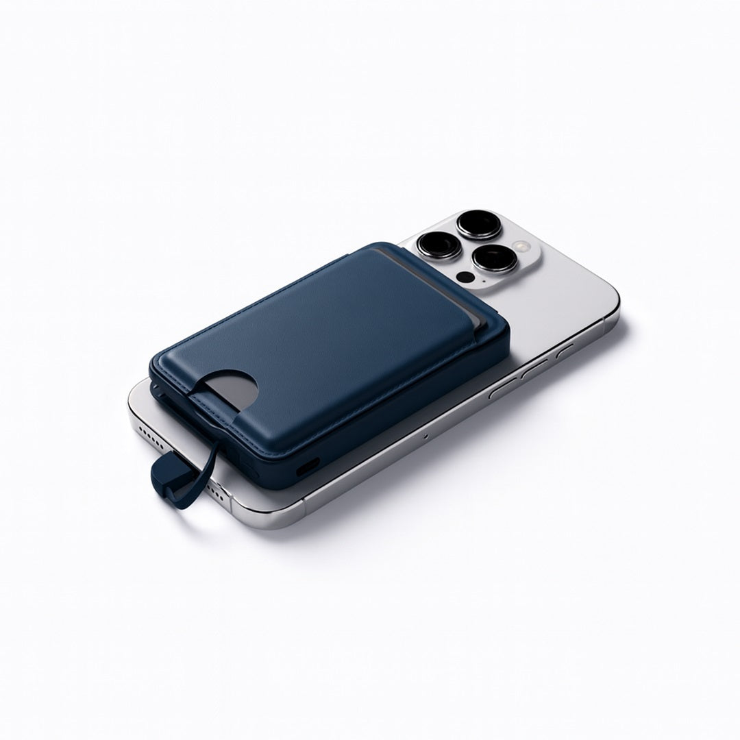 MAGPOWER PRO – Sleek 5000mAh Wallet-Style Power Bank with 15W Wireless Charging, Built-In Cable & Phone Stand