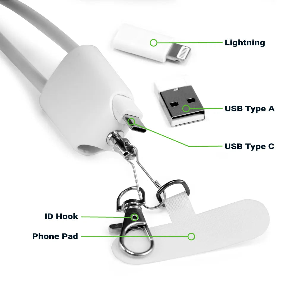 4 in 1 Lanyard Charging Cable 60W, 120cm Long with Hook for ID Card and Phone Pad