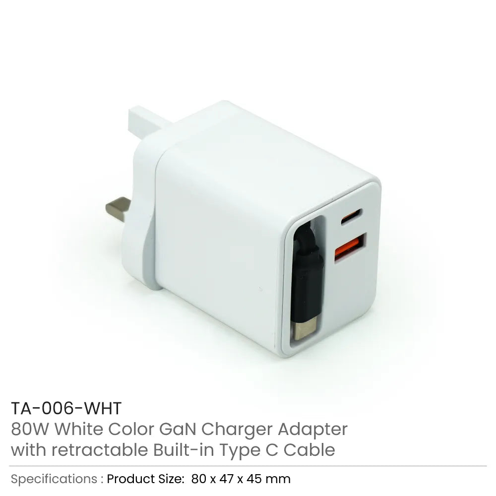80W GaN Fast Charger Adaptor with Retractable Built-in Type-C Cable