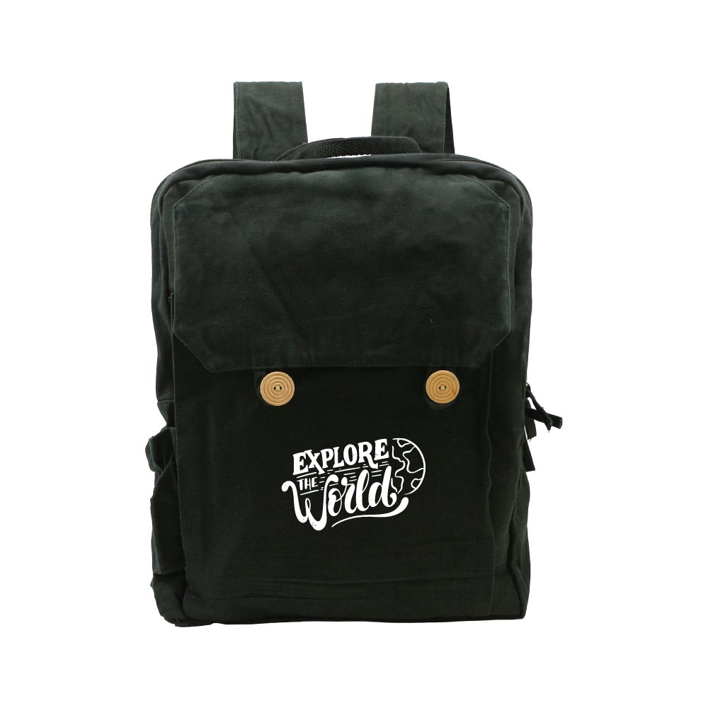 Black Cotton Backpack with Zipper Closure