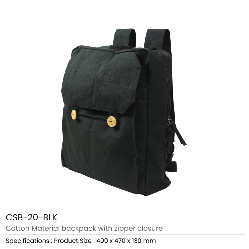 Black Cotton Backpack with Zipper Closure