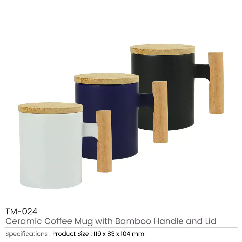 Ceramic Coffee Mugs with Bamboo Handle and Lid 380ml