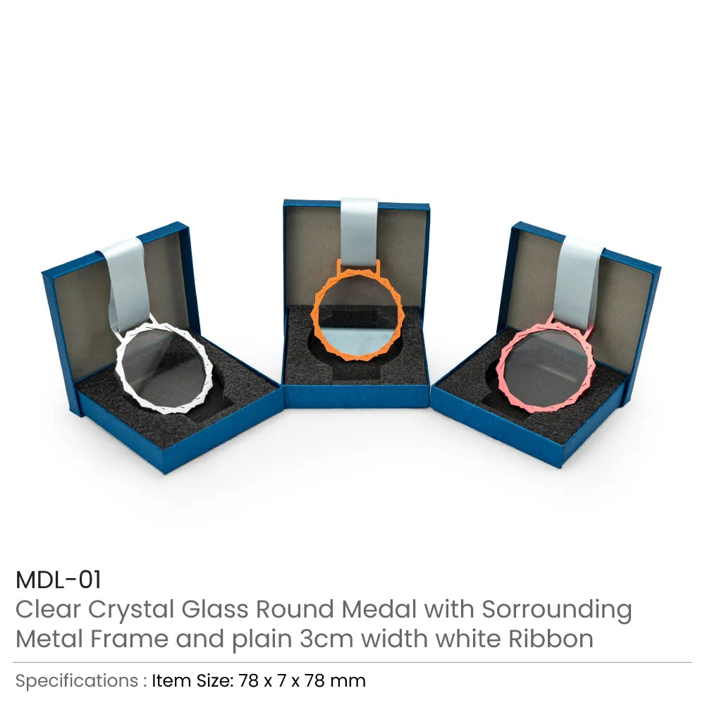 Glass Medals with Metal Frame and 3cm White Ribbon