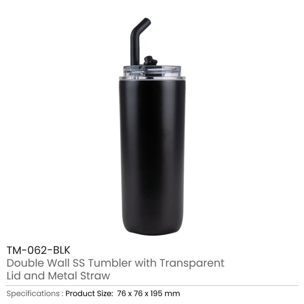 Double Wall SS Tumblers with Transparent Lid and Metal Straw - 500ml