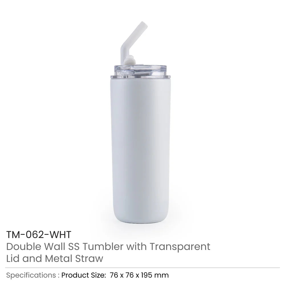 Double Wall SS Tumblers with Transparent Lid and Metal Straw - 500ml