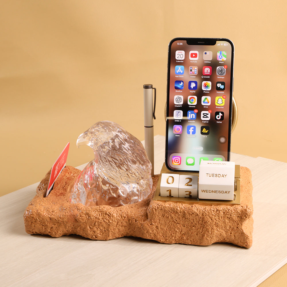 REGAL DESK PIECE – UAE-Crafted Crystal Falcon Head Desktop Organizer with Card Holder, Pen Holder, Phone Stand & Calendar