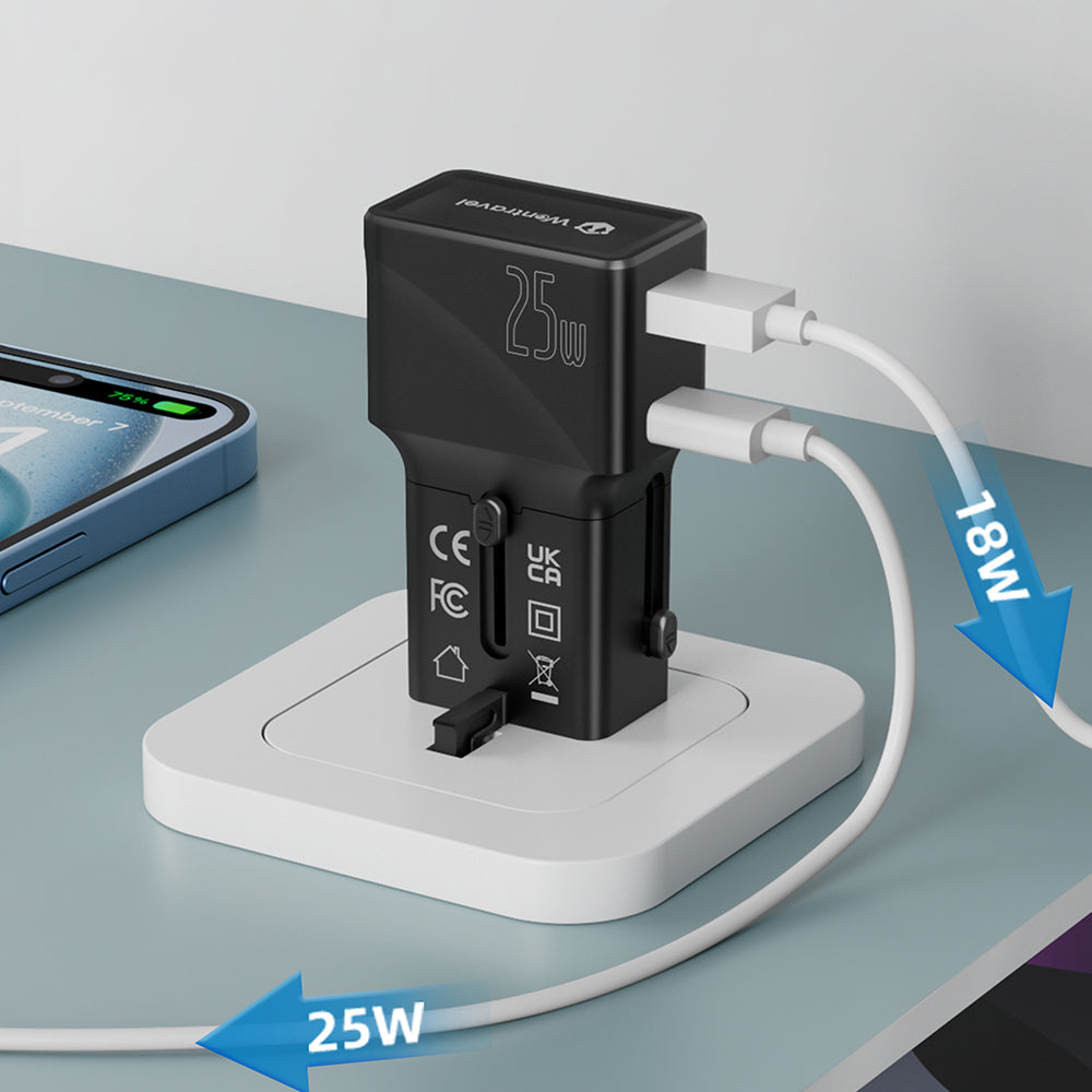 POWER ADAPTOR – Compact 25W Mini Travel Charger with Dual USB-C & USB-A Ports, PD Quick Charge & QC3.0 Support