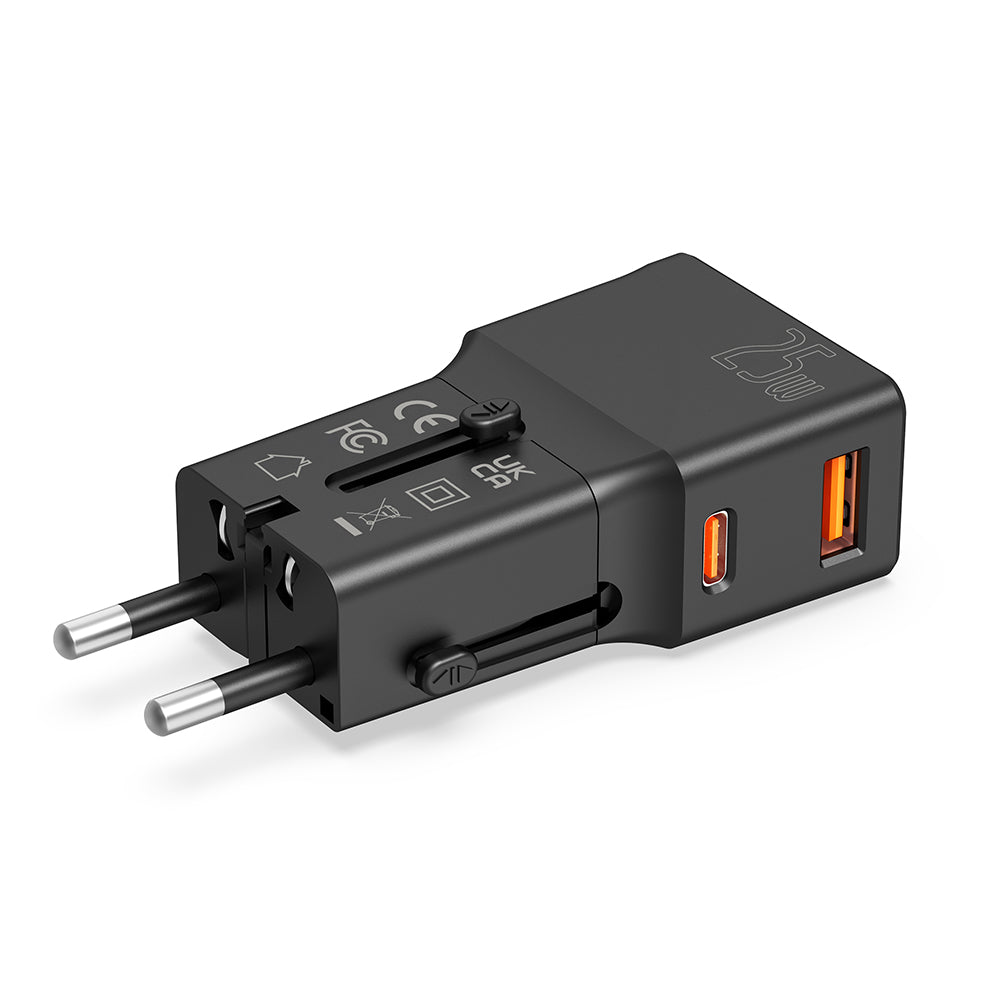 POWER ADAPTOR – Compact 25W Mini Travel Charger with Dual USB-C & USB-A Ports, PD Quick Charge & QC3.0 Support