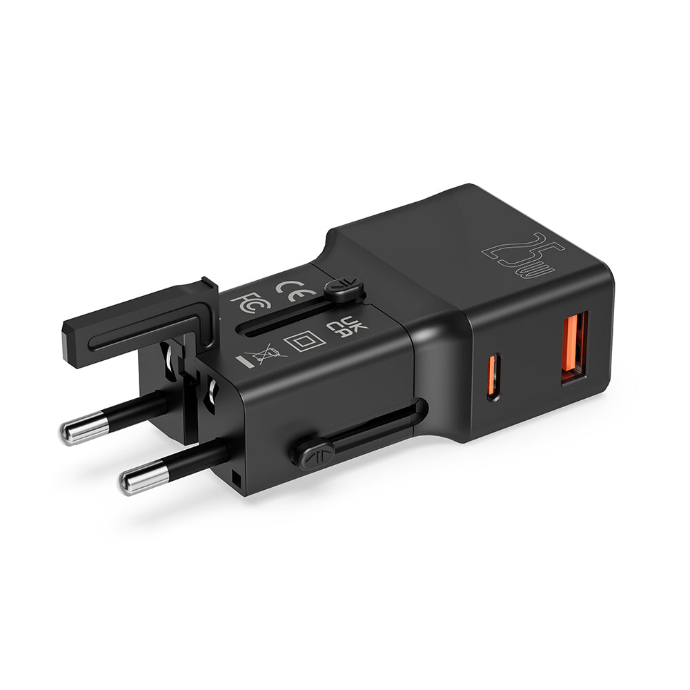 POWER ADAPTOR – Compact 25W Mini Travel Charger with Dual USB-C & USB-A Ports, PD Quick Charge & QC3.0 Support