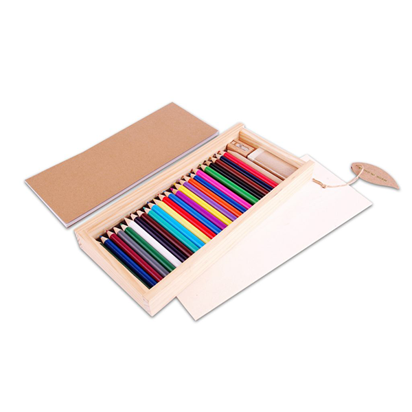 WOODEN CASE DRAWING SET - Complete Art Kit with 24 Color Pencils