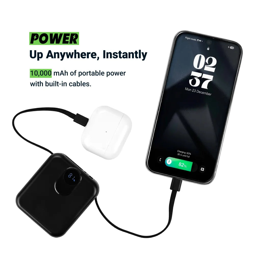 Fast Charging Digital Powerbank 38.5Wh with Built-in Type-C and Lightning Cable, 10000 mAh