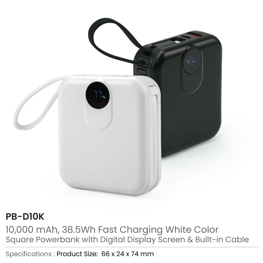 Fast Charging Digital Powerbank 38.5Wh with Built-in Type-C and Lightning Cable, 10000 mAh