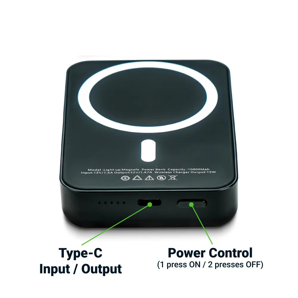 MagSafe Wireless Powerbank with Light-Up Logo, 15W Fast Charging, 10K mAh