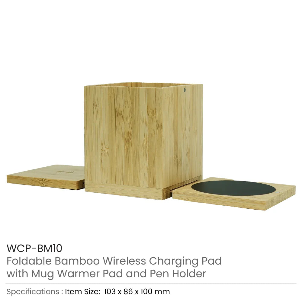 Foldable Bamboo Fast Wireless Charging Pad 15W with Mug Warmer and Pen Holder