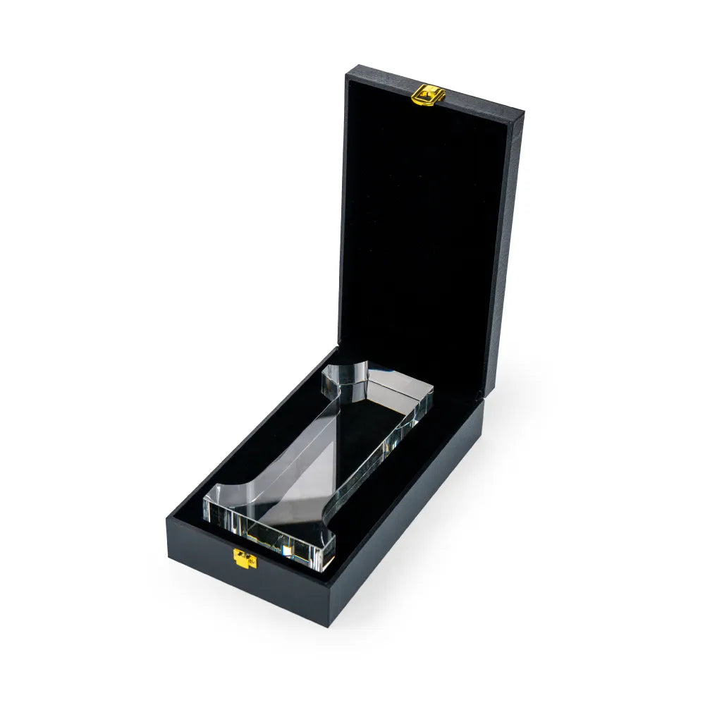 Crystal Glass Trophy in Number One Shape with Gold Lock Closure Box