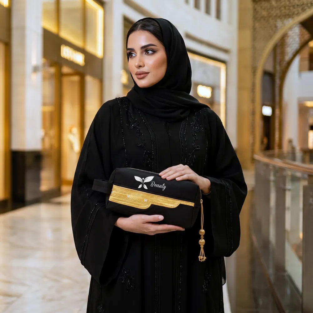 Black Multi-Purpose Utility & Cosmetic Pouch with Bisht Embroidery