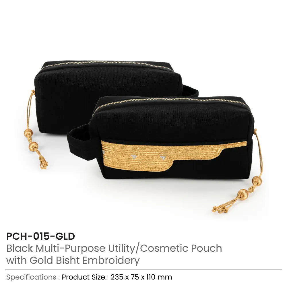 Black Multi-Purpose Utility & Cosmetic Pouch with Bisht Embroidery