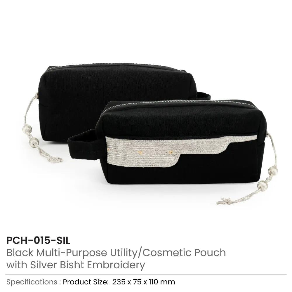 Black Multi-Purpose Utility & Cosmetic Pouch with Bisht Embroidery