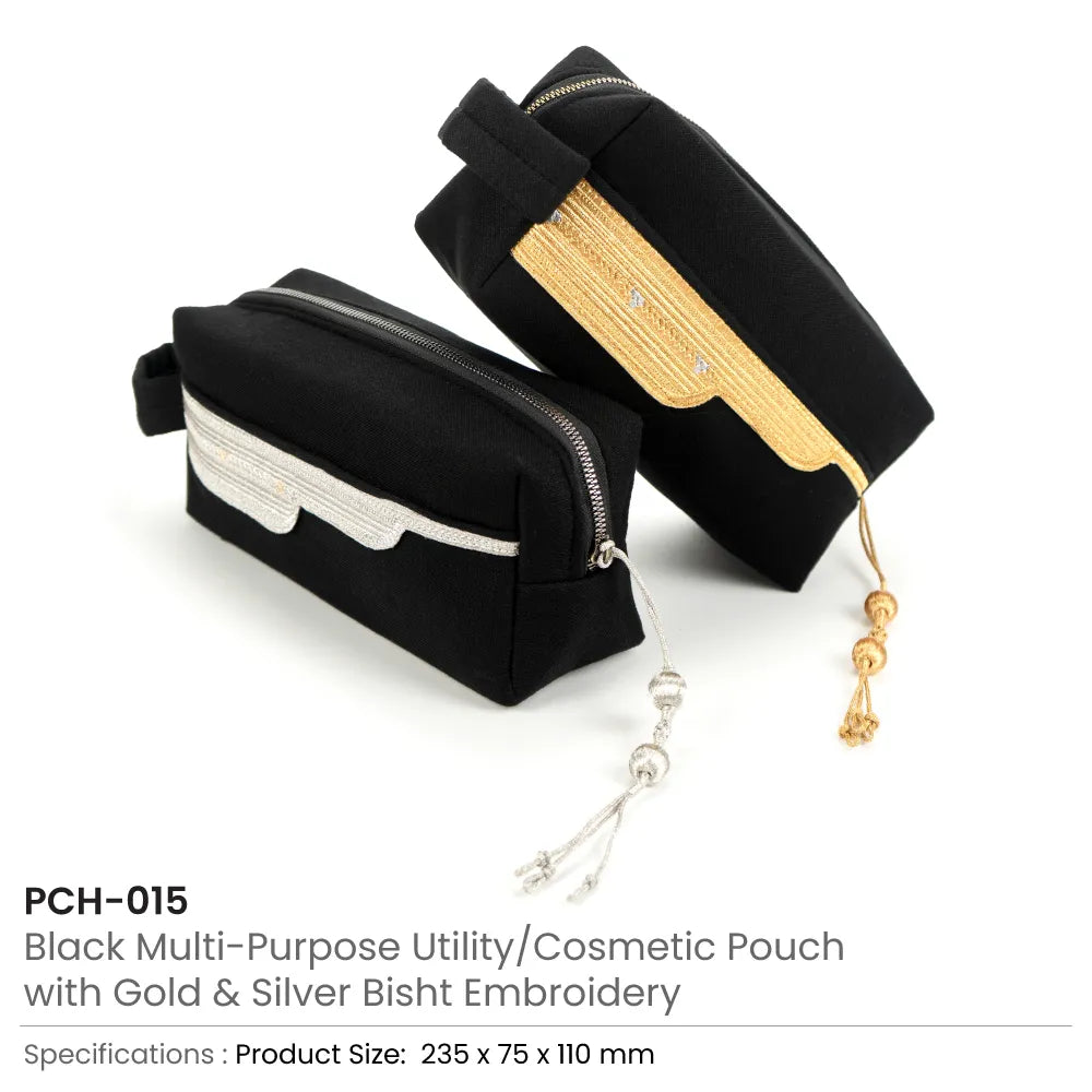 Black Multi-Purpose Utility & Cosmetic Pouch with Bisht Embroidery