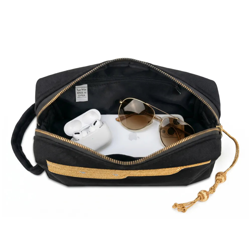 Black Multi-Purpose Utility & Cosmetic Pouch with Bisht Embroidery