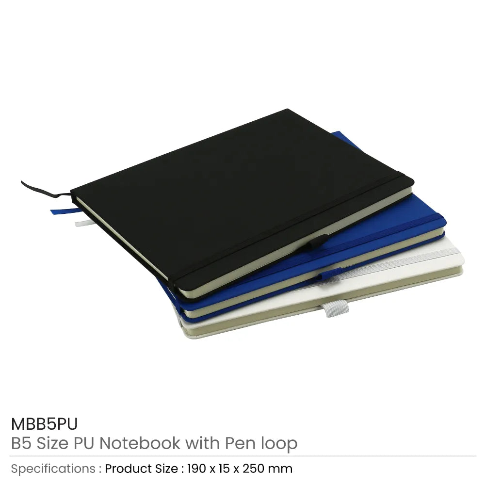 PU Notebooks B5 Size with Pen Loop, Ribbon Bookmark and Elastic Band