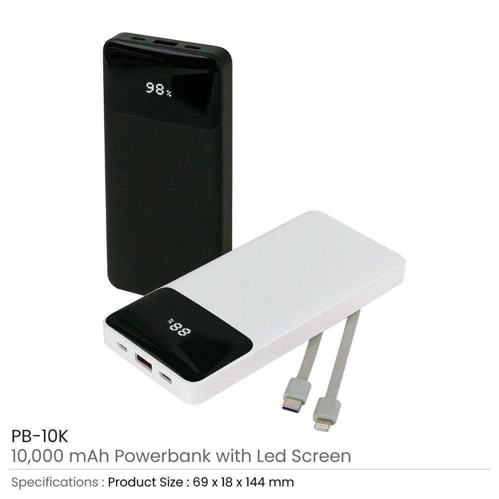 Powerbank with LED Screen 10,000 mAh & Built-in Cables