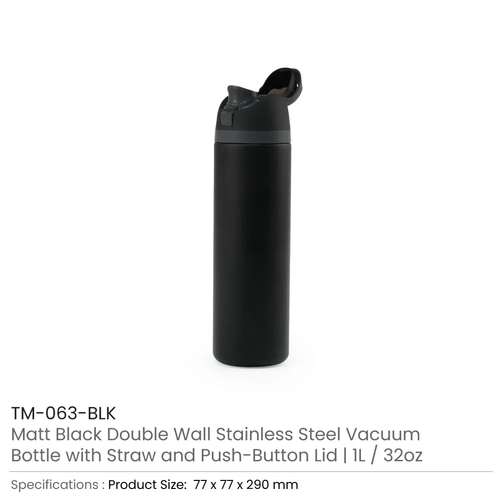 SS Bottles with Straw & Push Button Lid - Double-Wall Vacuum, 1Liter