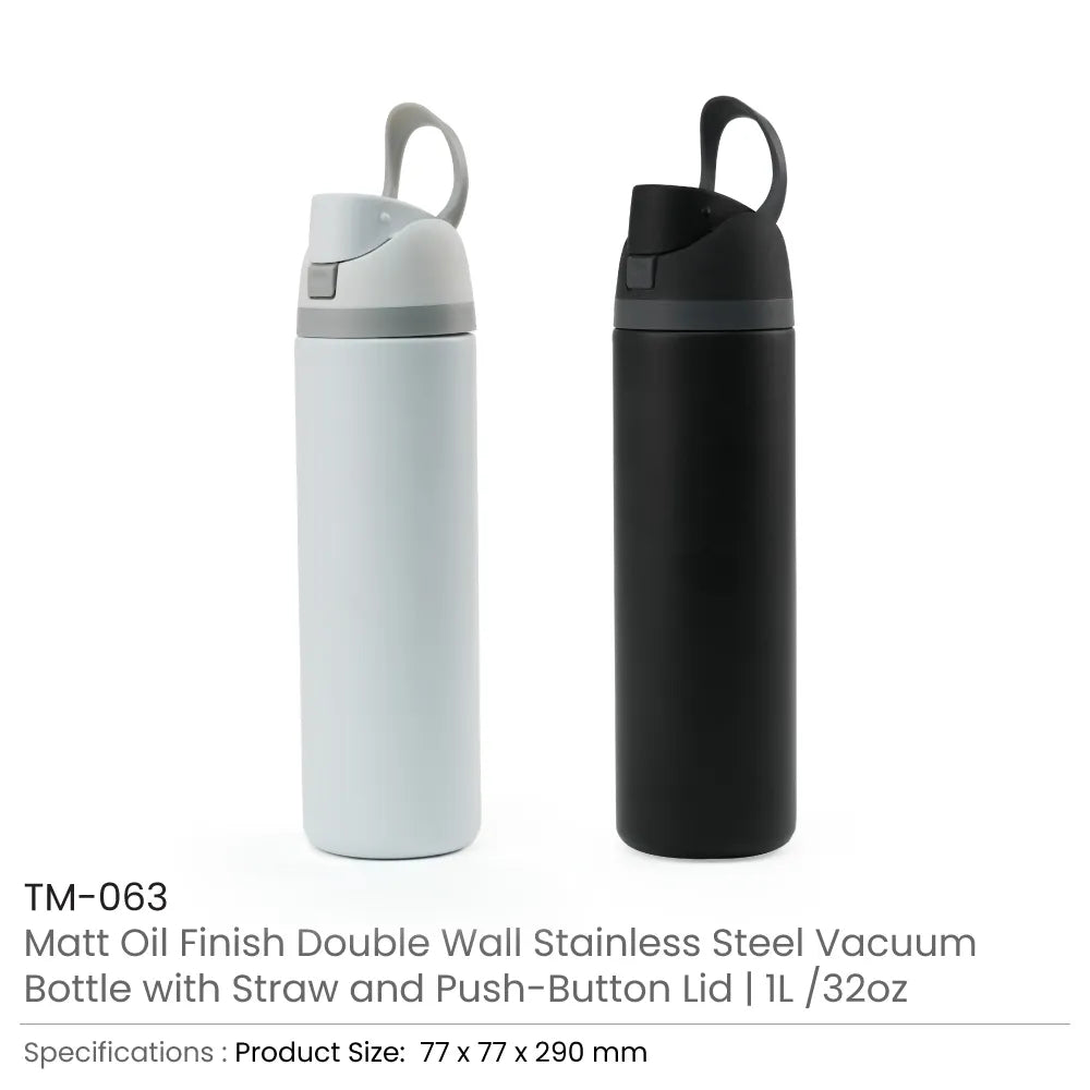 SS Bottles with Straw & Push Button Lid - Double-Wall Vacuum, 1Liter