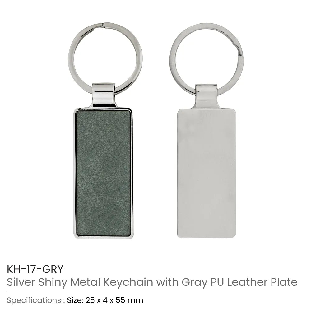 Silver Shiny Metal Keychains with Laserable PU Leather Plate