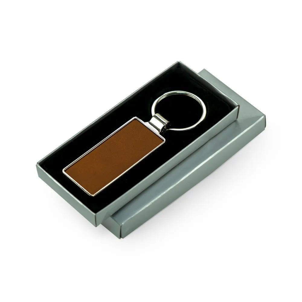Silver Shiny Metal Keychains with Laserable PU Leather Plate